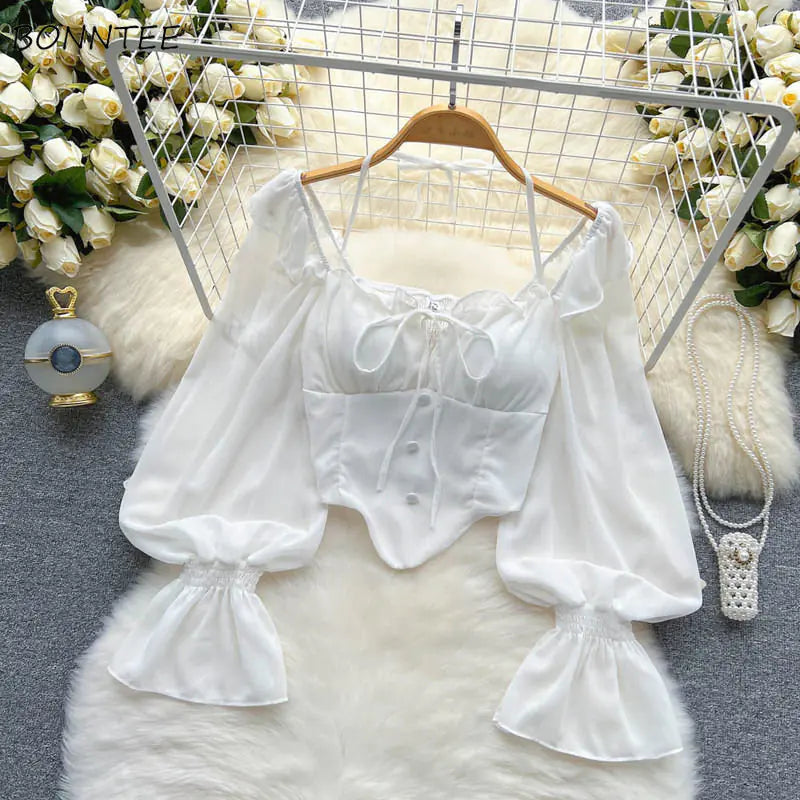 Aesthetic White Blouses for Women - Vintage Casual Tops